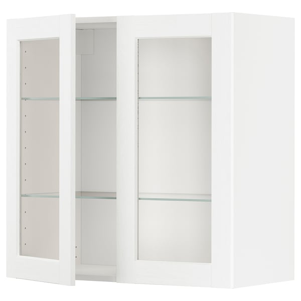 METOD Élément mural+tablettes/2ptes vitr, blanc Enköping/blanc effet bois, 80x80 cm