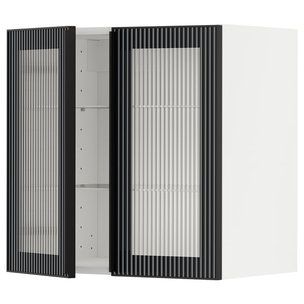 METOD Élément mural+tablettes/2ptes vitr, blanc/Hejsta verre cannelé anthracite, 60x60 cm