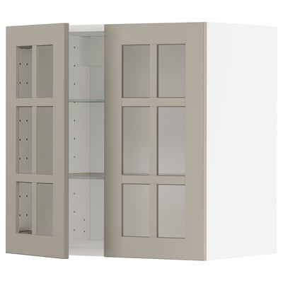 METOD Élément mural+tablettes/2ptes vitr, blanc/Stensund beige, 60x60 cm