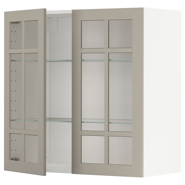 METOD Élément mural+tablettes/2ptes vitr, blanc/Stensund beige, 80x80 cm