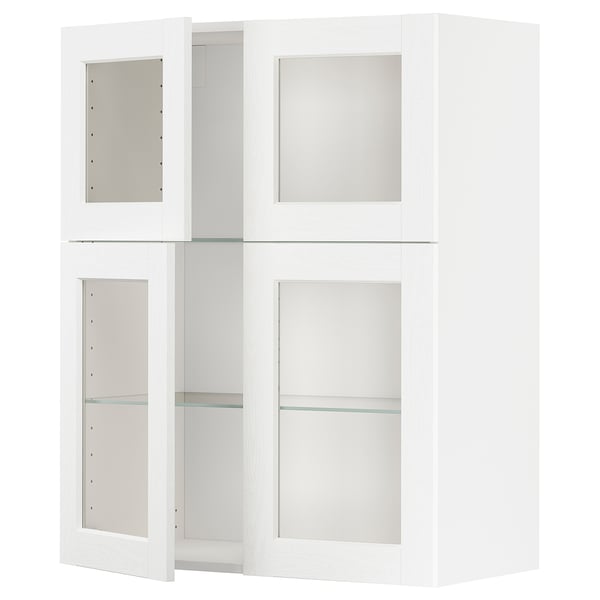 METOD Élément mural+tablettes/4ptes vitr, blanc Enköping/blanc effet bois, 80x100 cm