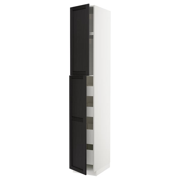 METOD / MAXIMERA Armoire 2 portes/4 tiroirs, blanc/Lerhyttan teinté noir, 40x60x240 cm