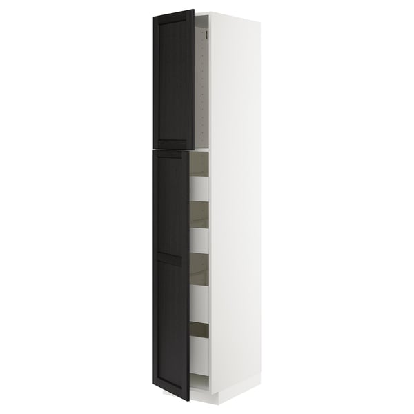 METOD / MAXIMERA Armoire 2 portes/4 tiroirs, blanc/Lerhyttan teinté noir, 40x60x220 cm