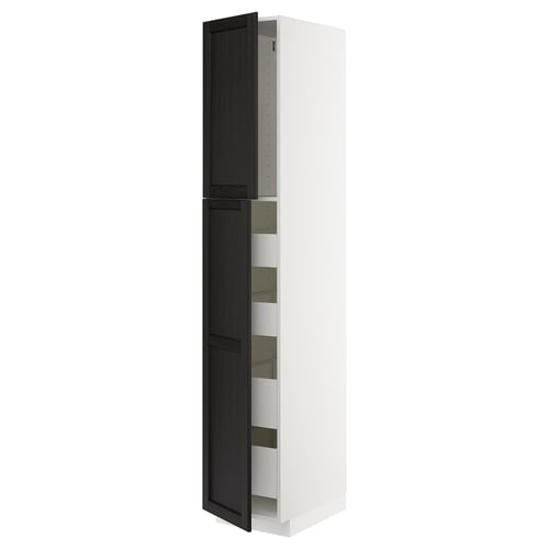 METOD / MAXIMERA Armoire 2 portes/4 tiroirs, blanc/Lerhyttan teinté noir, 40x60x220 cm