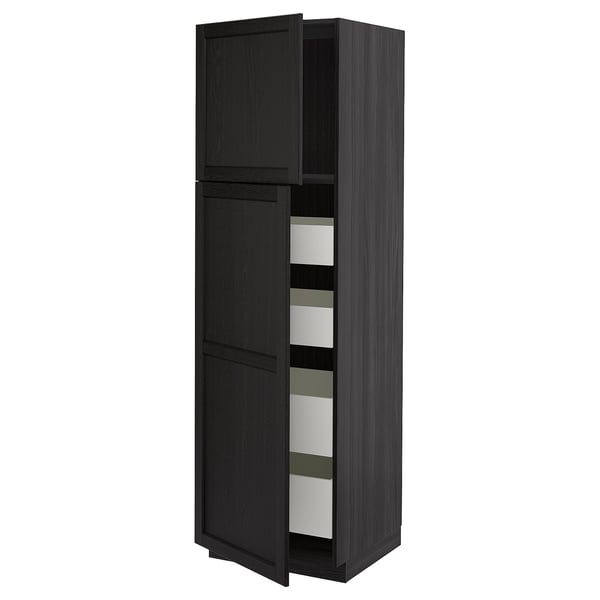 METOD / MAXIMERA Armoire 2 portes/4 tiroirs, noir/Lerhyttan teinté noir, 60x60x200 cm