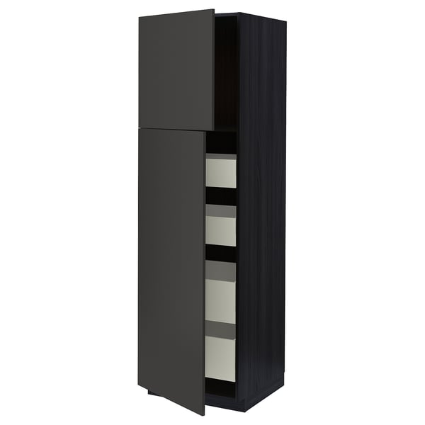 METOD / MAXIMERA Armoire 2 portes/4 tiroirs, noir/Nickebo anthracite mat, 60x60x200 cm