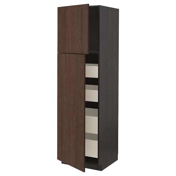 METOD / MAXIMERA Armoire 2 portes/4 tiroirs, noir/Sinarp brun, 60x60x200 cm