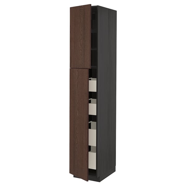 METOD / MAXIMERA Armoire 2 portes/4 tiroirs, noir/Sinarp brun, 40x60x220 cm
