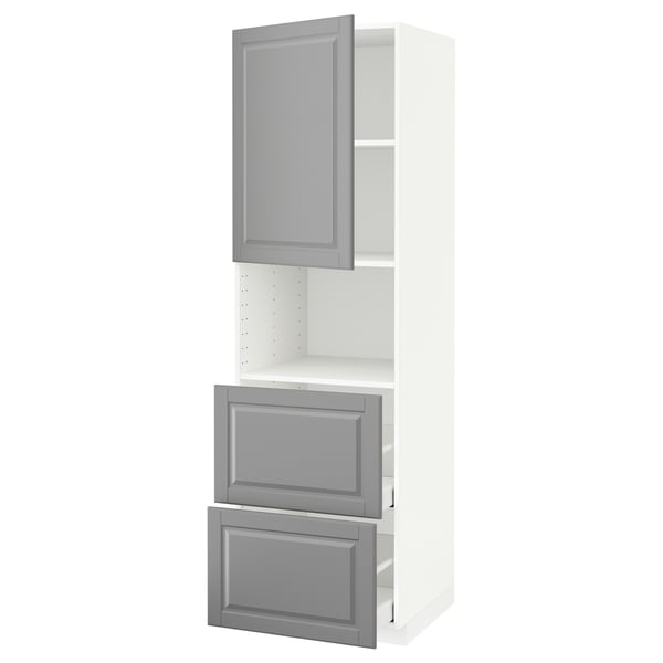 METOD / MAXIMERA Armoire micro-ondes av porte/2 tir, blanc/Bodbyn gris, 60x60x200 cm