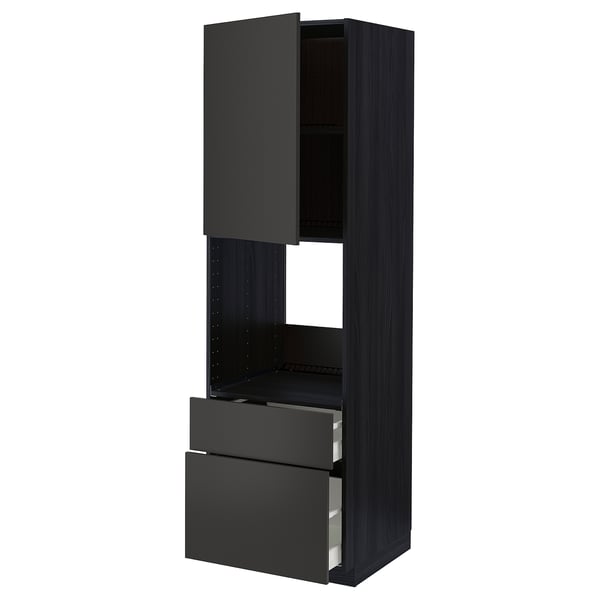 METOD / MAXIMERA Armoire pour four+porte/2 tiroirs, noir/Nickebo anthracite mat, 60x60x200 cm