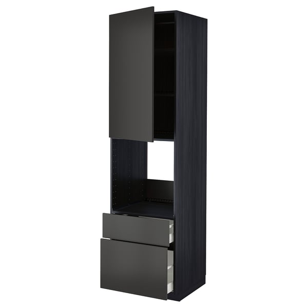 METOD / MAXIMERA Armoire pour four+porte/2 tiroirs, noir/Nickebo anthracite mat, 60x60x220 cm