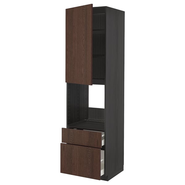 METOD / MAXIMERA Armoire pour four+porte/2 tiroirs, noir/Sinarp brun, 60x60x220 cm