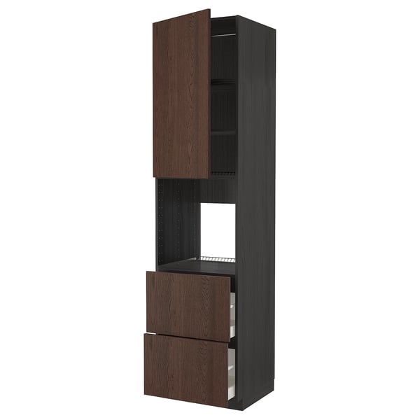 METOD / MAXIMERA Armoire pour four+porte/2 tiroirs, noir/Sinarp brun, 60x60x240 cm
