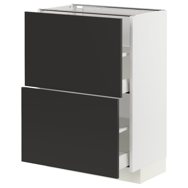METOD / MAXIMERA Élément bas 2 tiroirs, blanc/Nickebo anthracite mat, 60x37 cm