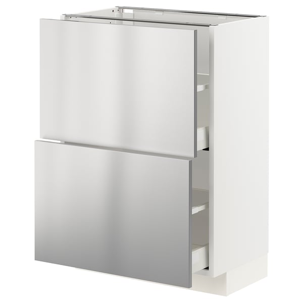 METOD / MAXIMERA Élément bas 2 tiroirs, blanc/Vårsta acier inoxydable, 60x37 cm
