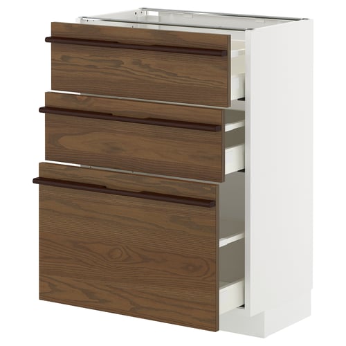 METOD / MAXIMERA Élément bas 3 tiroirs, blanc/Stensta placage frêne brun foncé, 60x37 cm