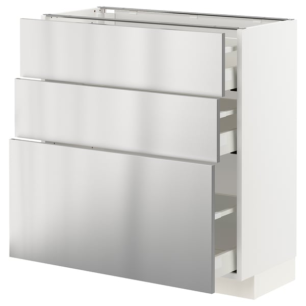 METOD / MAXIMERA Élément bas 3 tiroirs, blanc/Vårsta acier inoxydable, 80x37 cm