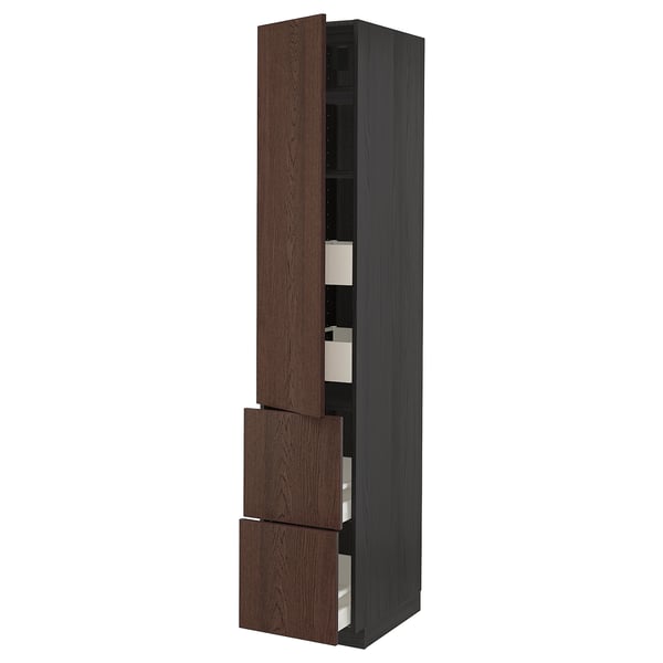 METOD / MAXIMERA Élément haut+tablettes/4tir/pte/2fc, noir/Sinarp brun, 40x60x220 cm