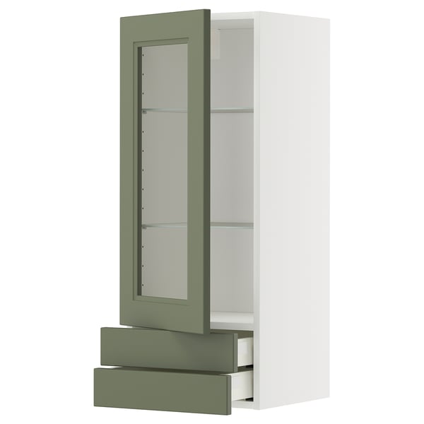 METOD / MAXIMERA Élément mural pte vitrée/2 tiroirs, blanc/Axstad gris vert, 40x100 cm
