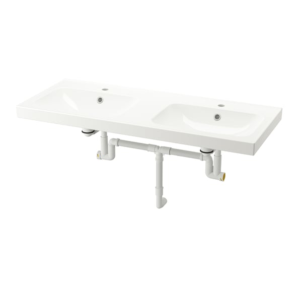 ORRSJÖN Double vasque avec siphon, blanc, 122x49 cm