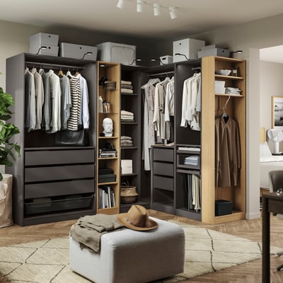 PAX Armoire d'angle, gris foncé gris foncé/motif chêne, 245/180x201 cm