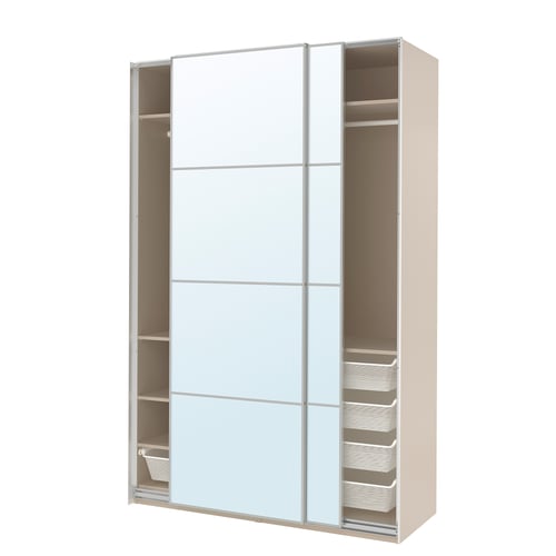PAX / AULI Armoire pte coul, gris-beige/miroir, 150x66x236 cm