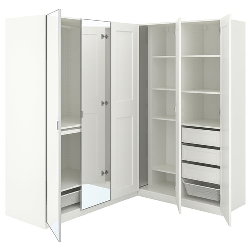 PAX / GRIMO/ÅHEIM Armoire d'angle, blanc/blanc miroir, 211/161x201 cm
