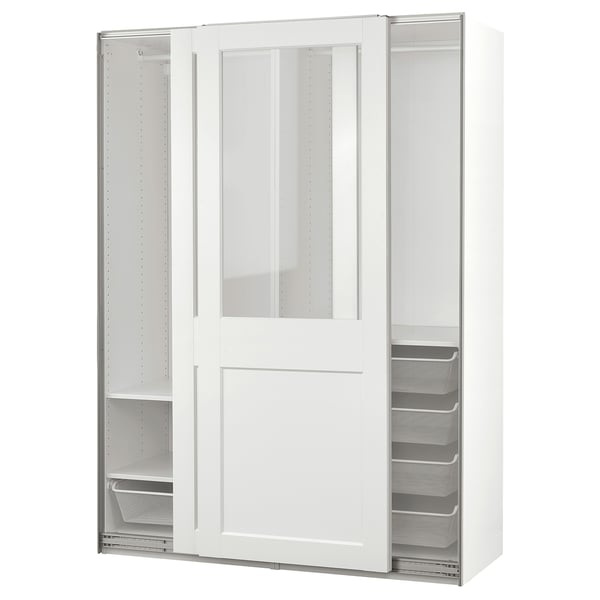 PAX / GRIMO Armoire pte coul, blanc/verre transparent blanc, 150x66x201 cm