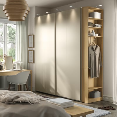 PAX / HASVIK Armoire pte coul, gris-beige gris-beige/motif chêne, 220x66x236 cm