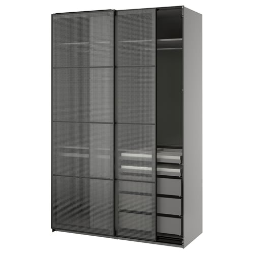 PAX / LUNDBRÄSMA Armoire pte coul, gris foncé noir/verre à carreaux, 150x66x236 cm