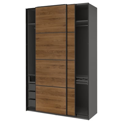 PAX / MEHAMN Armoire pte coul, gris foncé noir/double face noyer, 150x66x236 cm