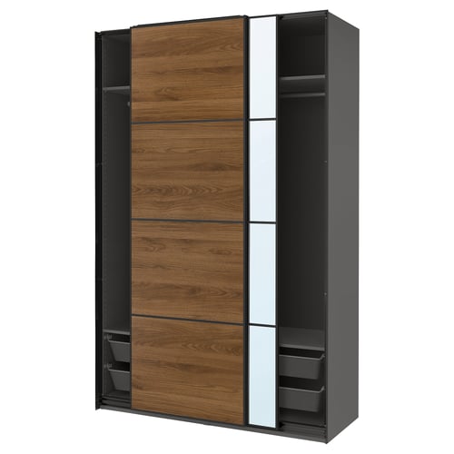 PAX / MEHAMN/AULI Armoire pte coul, gris foncé noir/noyer miroir, 150x66x236 cm