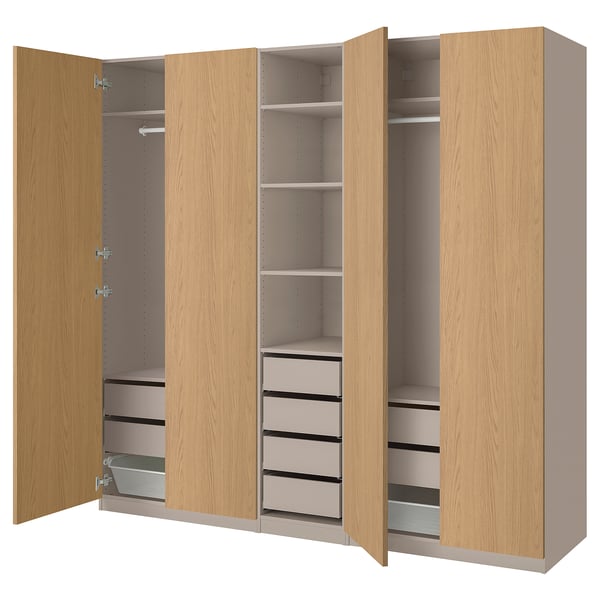 PAX / STORKLINTA Combinaison armoire, gris-beige/motif chêne, 250x58x236 cm