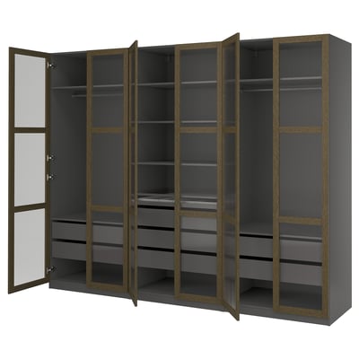 PAX / TONSTAD Combinaison armoire, gris foncé brun/placage chêne teinte verre, 300x60x236 cm