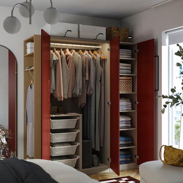 PAX / VIKANES Combinaison armoire, gris-beige/brun-rouge, 150x60x201 cm