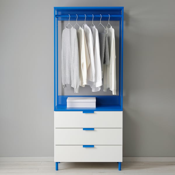 PLATSA Armoire ouverte avec 3 tiroirs, blanc Fonnes/bleu, 80x42x191 cm