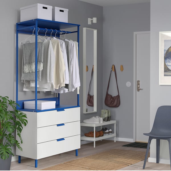 PLATSA Armoire ouverte avec 3 tiroirs, blanc Fonnes/bleu, 80x42x191 cm
