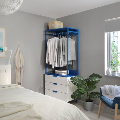PLATSA Armoire ouverte avec 3 tiroirs, blanc Fonnes/bleu, 80x42x191 cm