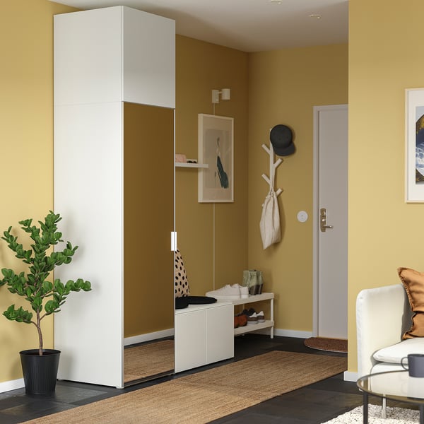 PLATSA Armoire-penderie 4 portes, blanc miroir en verre STRAUMEN/blanc FONNES, 140x57x241 cm