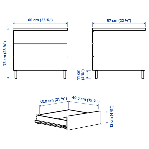 PLATSA Commode 3 tiroirs, blanc/Fonnes blanc, 60x57x73 cm