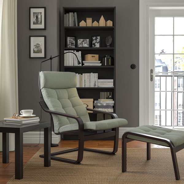 POÄNG Fauteuil avec repose-pieds, brun noir/Gunnared vert clair