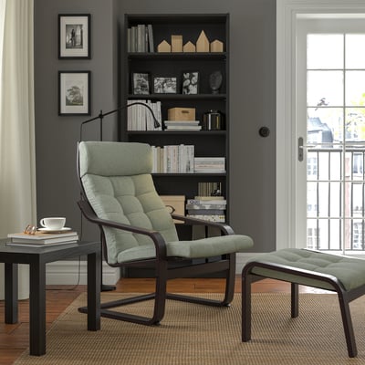 POÄNG Fauteuil avec repose-pieds, brun noir/Gunnared vert clair