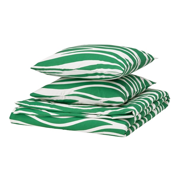 PORTLAKMÅLLA Housse de couette et 2 taies, vert/blanc, 240x220/50x60 cm