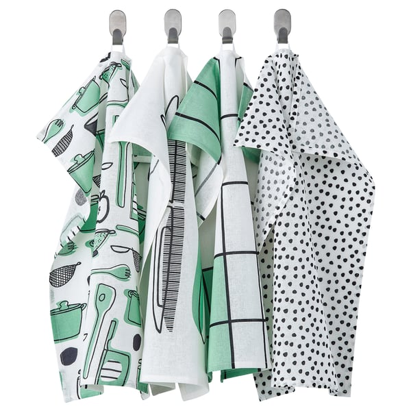 RINNIG Torchon, blanc/vert/à motifs, 45x60 cm