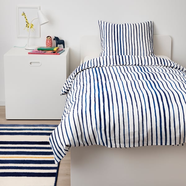 SÅNGLÄRKA Housse de couette et taie - rayé, bleu blanc - IKEA