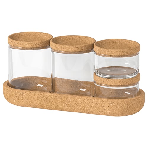 SAXBORGA Pots + couvercle et support, 5 pcs, verre liège