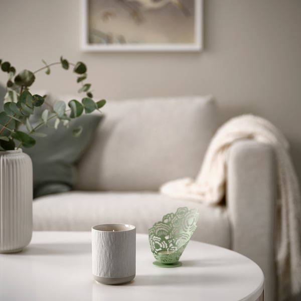 SILKESTRÄD Bougie parfumée dans pot céramique, rosée et mousse/blanc cassé, 45 hr