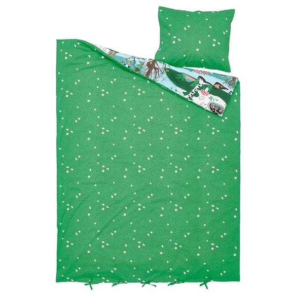 SKOGSDUVA Housse de couette et 1 taie, bleu vert/motif forêt, 150x200/50x60 cm