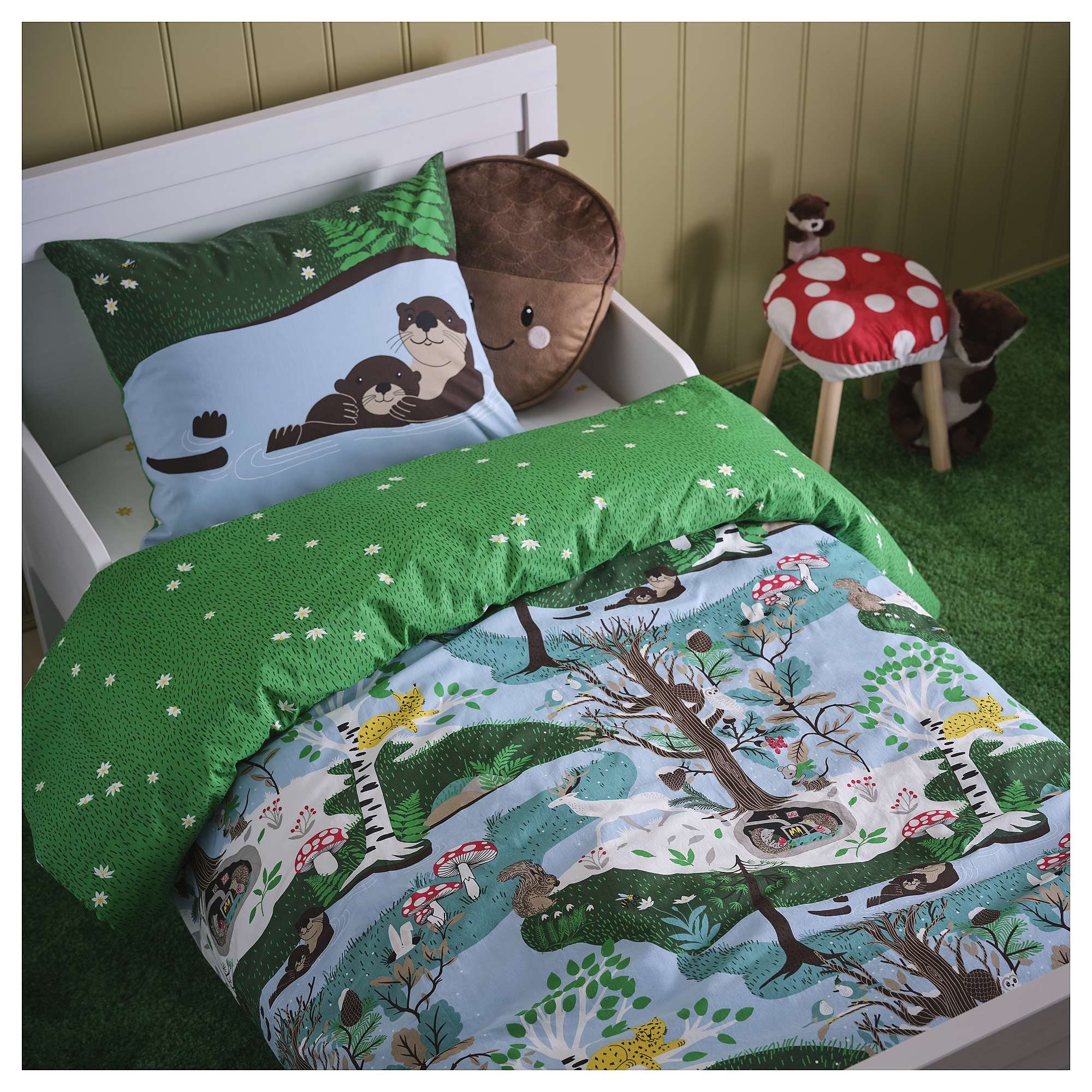 SKOGSDUVA Housse de couette et 1 taie, bleu vert/motif forêt, 150x200/50x60 cm