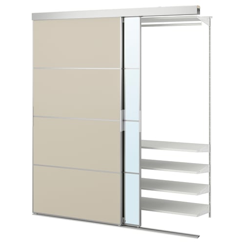 SKYTTA / BOAXEL Armoire avec portes coulissantes, aluminium Mehamn/Auli/gris-beige miroir, 177x65x205 cm